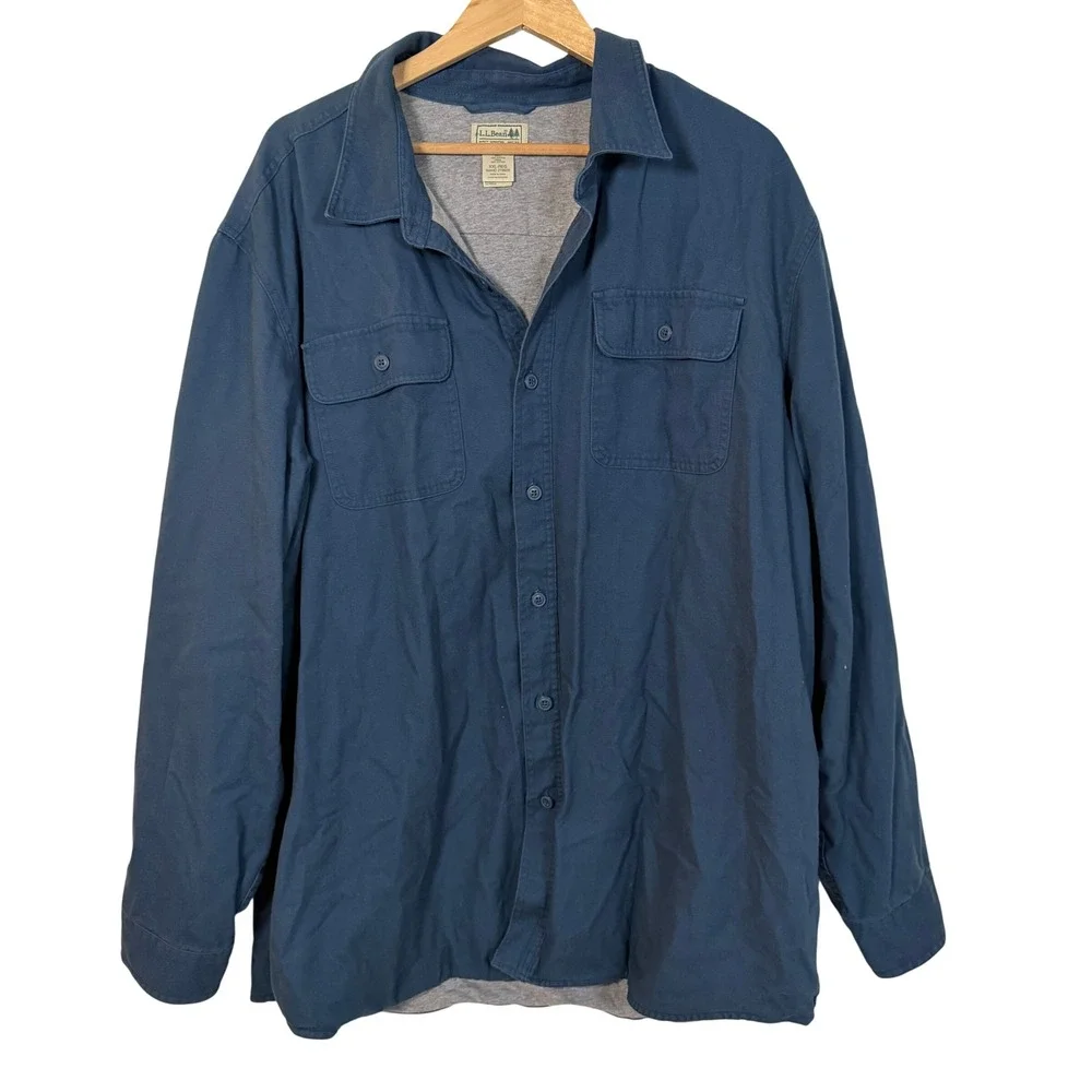 LL Bean Shirt Jacket Mens XXL Blue Excellent Canvas Jersey Lined 279926